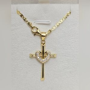 ✨ Moissanite Heart Cross Pendant Necklace. Gold Over Silver ✨